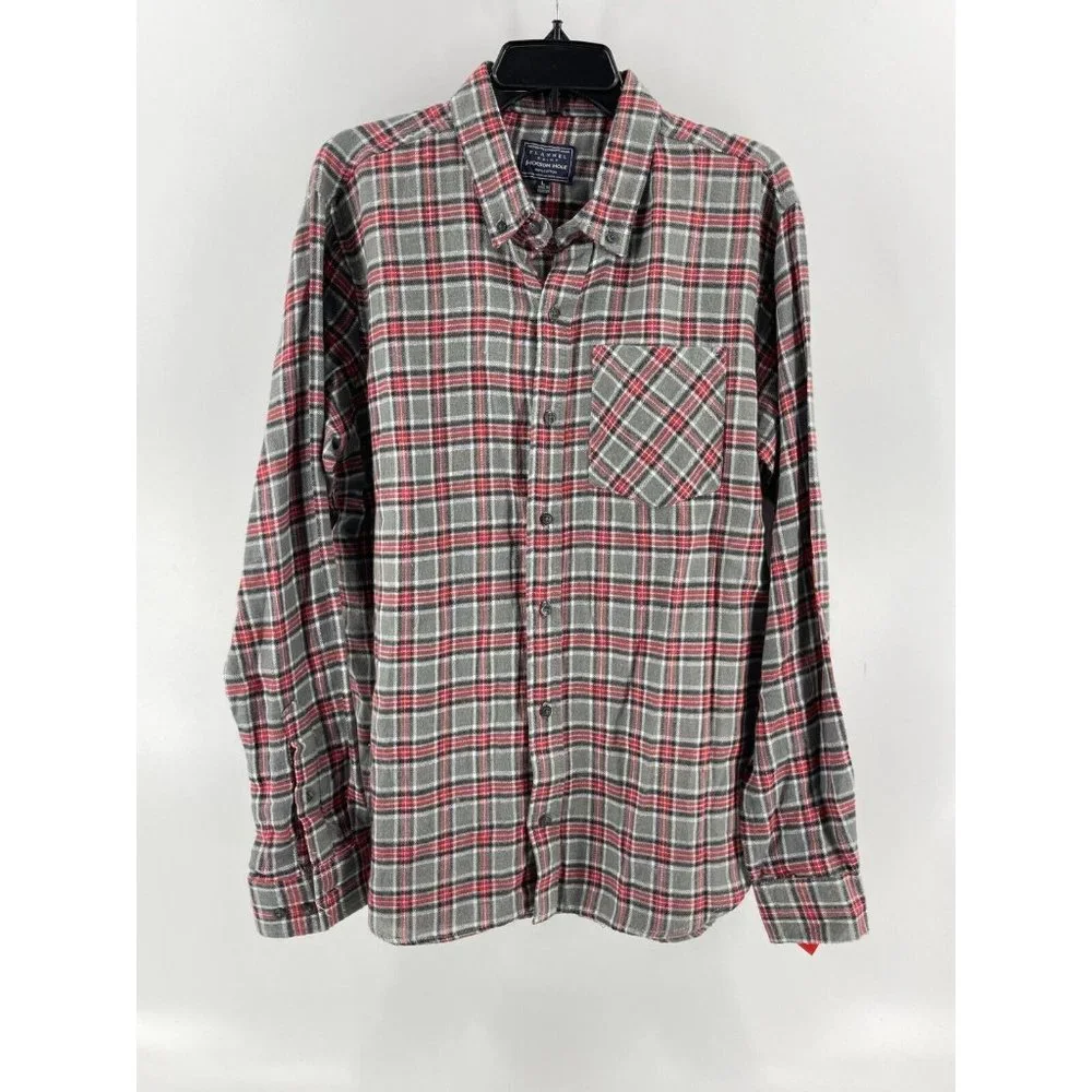 Jackson Hole Men's Gray Red Plaid Flannel Button Down Long Sleeve Shirt Size L